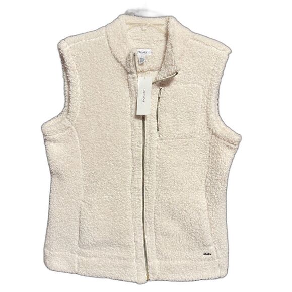 CALVIN KLEIN Soft White Sherpa Fleece Full Zip Teddy Vest - Picture 1 of 9